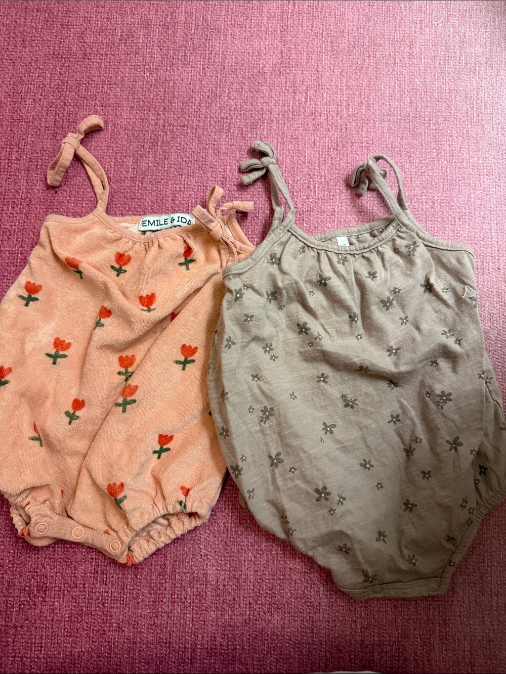 Emile & Ida Peach Tulip & Rylee and Cru Taupe Floral Baby Rompers (2)